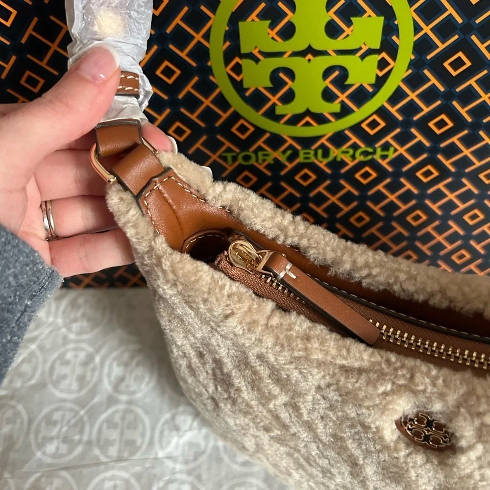 Tory Burch Emerson Shearling Shoulder Bag Fresh Wheat Gold Tan Brown Cream